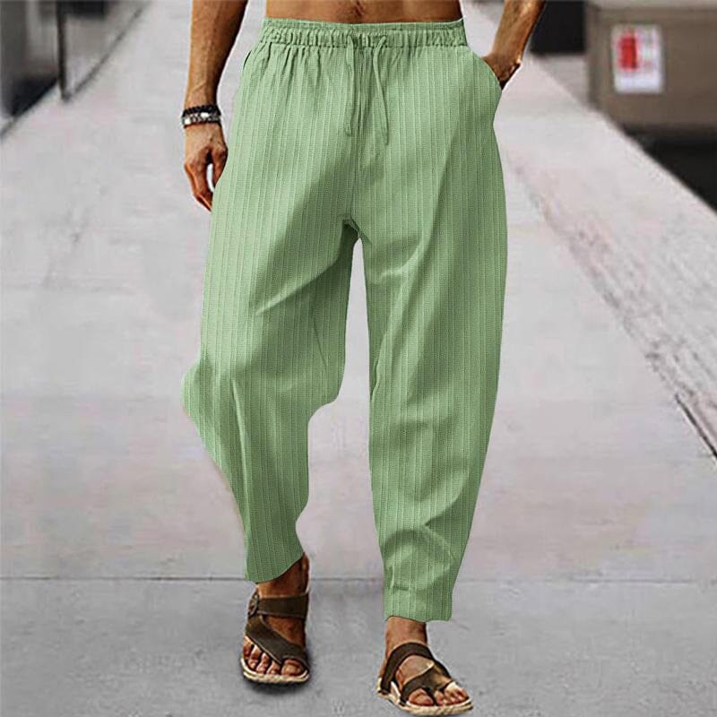 Herren Leinenhose gestreift | Bequeme Sommerhose mit Kordelzug grün [ Herrenkollektion - Frühling & Sommer '25 - Leinensets ] 96 - Herren Leinenhose gestreift Gratti Paris Hellgrün S 