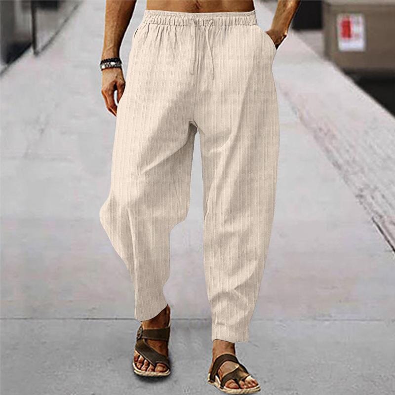 Herren Leinenhose gestreift | Bequeme Sommerhose mit Kordelzug grün [ Herrenkollektion - Frühling & Sommer '25 - Leinensets ] 96 - Herren Leinenhose gestreift Gratti Paris Khaki S 