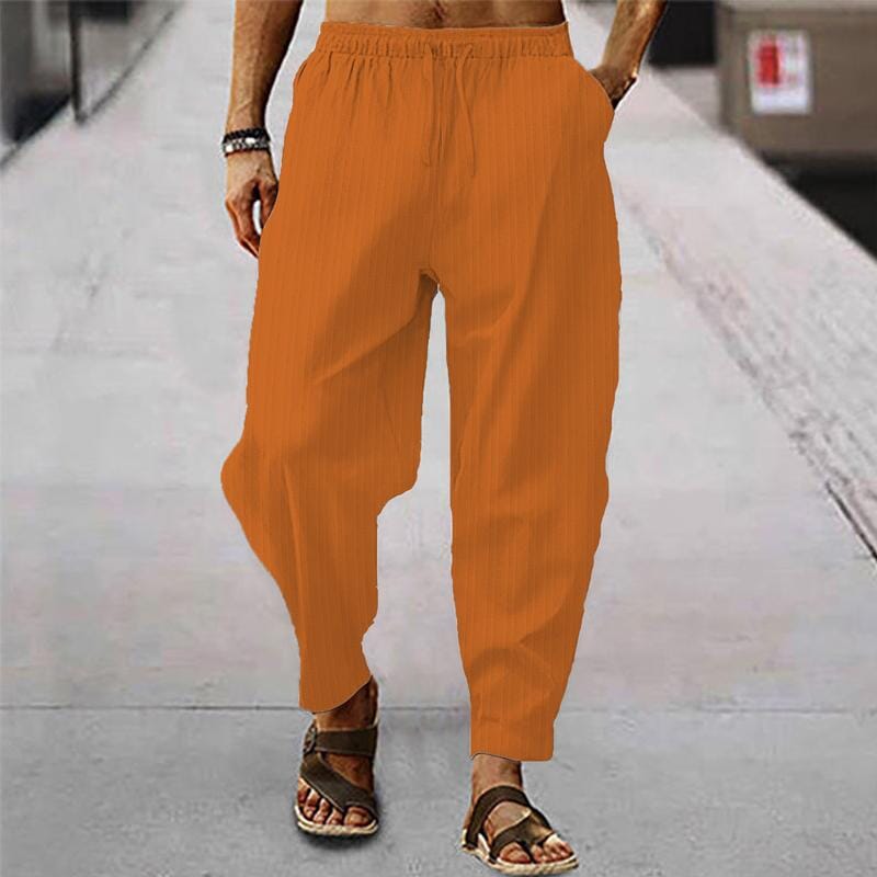 Herren Leinenhose gestreift | Bequeme Sommerhose mit Kordelzug grün [ Herrenkollektion - Frühling & Sommer '25 - Leinensets ] 96 - Herren Leinenhose gestreift Gratti Paris Orange S 
