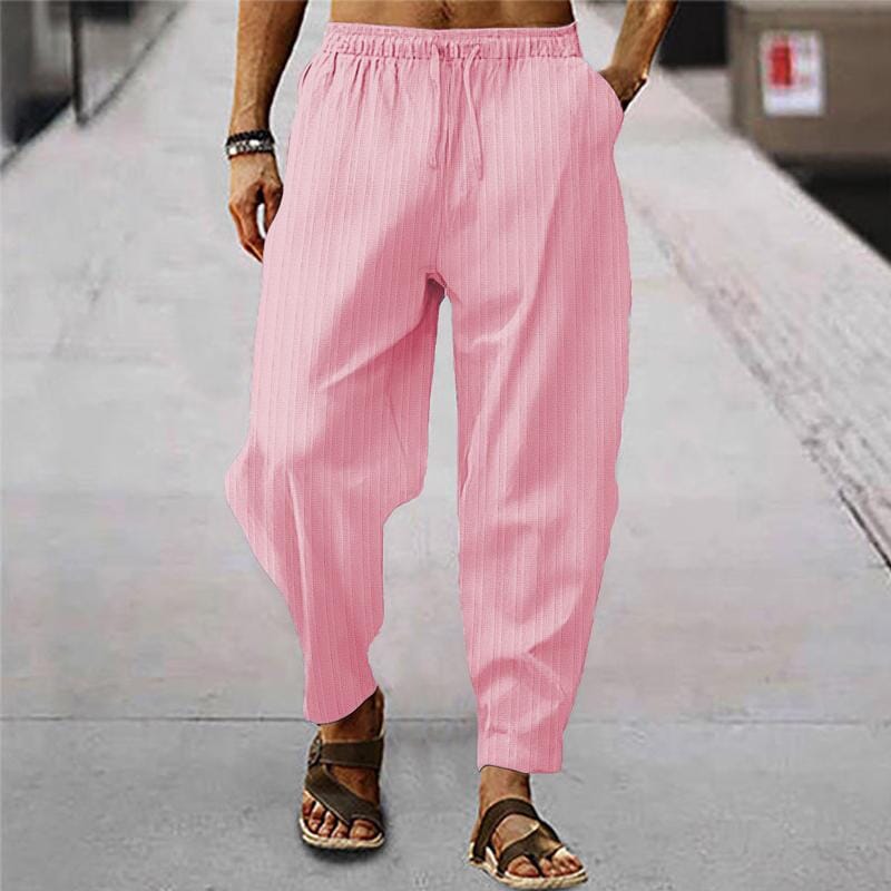 Herren Leinenhose gestreift | Bequeme Sommerhose mit Kordelzug grün [ Herrenkollektion - Frühling & Sommer '25 - Leinensets ] 96 - Herren Leinenhose gestreift Gratti Paris Rosa S 