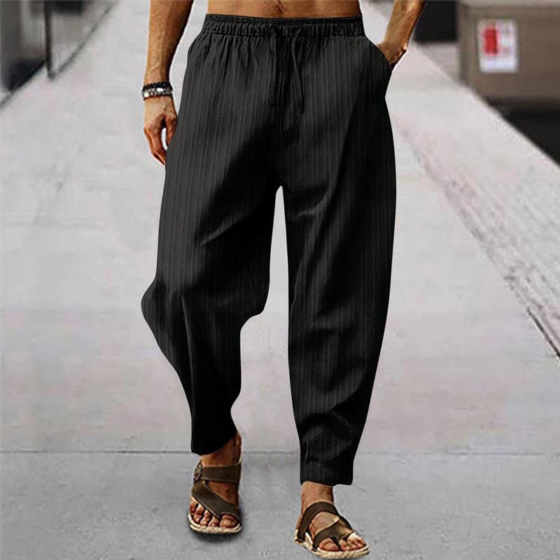 Herren Leinenhose gestreift | Bequeme Sommerhose mit Kordelzug grün [ Herrenkollektion - Frühling & Sommer '25 - Leinensets ] 96 - Herren Leinenhose gestreift Gratti Paris Schwarz S 