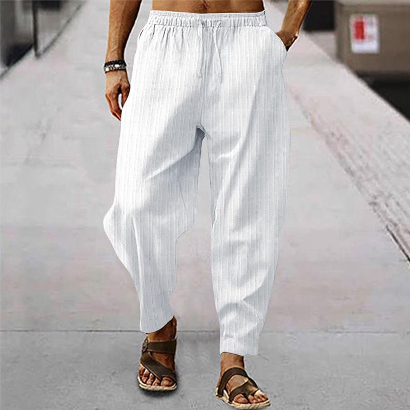 Herren Leinenhose gestreift | Bequeme Sommerhose mit Kordelzug grün [ Herrenkollektion - Frühling & Sommer '25 - Leinensets ] 96 - Herren Leinenhose gestreift Gratti Paris Weiß S 