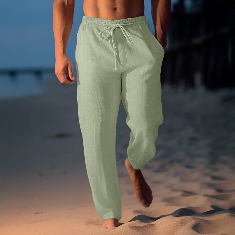 Herren Leinenhose weiß | Lockere Strandhose mit Kordelzug [ Herrenkollektion - Frühling & Sommer '25 - Leinensets ] 37 - Herren Leinenhose weiß Gratti Paris Grün S 