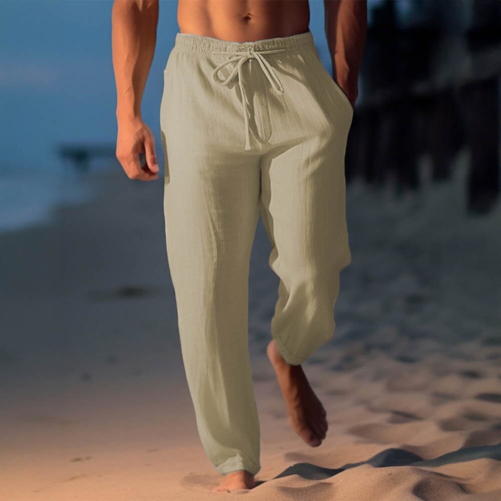 Herren Leinenhose weiß | Lockere Strandhose mit Kordelzug [ Herrenkollektion - Frühling & Sommer '25 - Leinensets ] 37 - Herren Leinenhose weiß Gratti Paris Khaki S 
