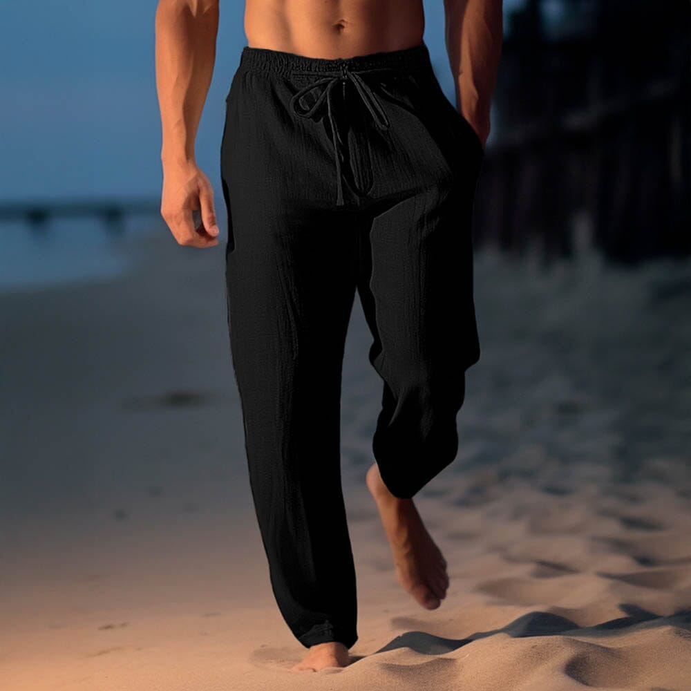 Herren Leinenhose weiß | Lockere Strandhose mit Kordelzug [ Herrenkollektion - Frühling & Sommer '25 - Leinensets ] 37 - Herren Leinenhose weiß Gratti Paris Schwarz S 