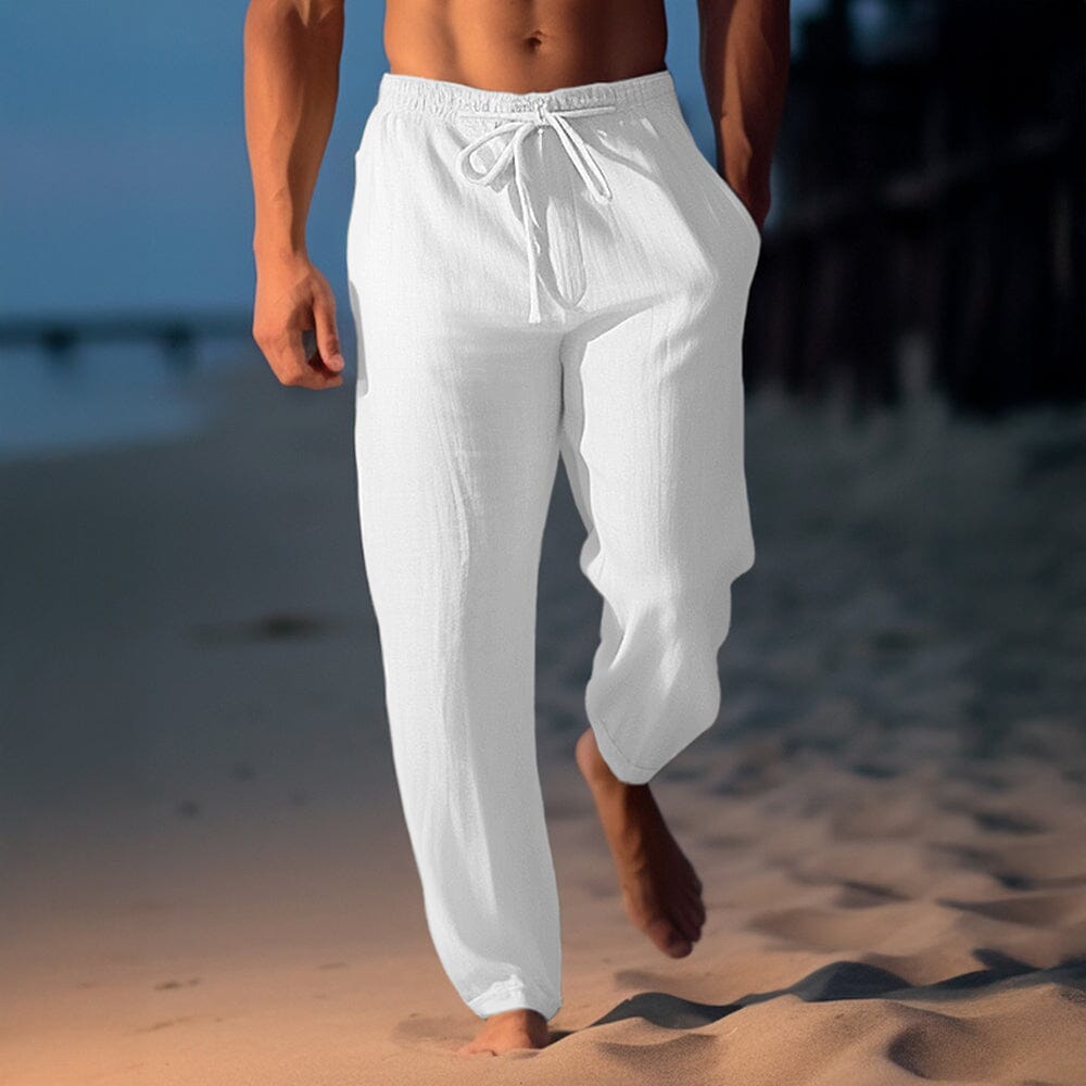 Herren Leinenhose weiß | Lockere Strandhose mit Kordelzug [ Herrenkollektion - Frühling & Sommer '25 - Leinensets ] 37 - Herren Leinenhose weiß Gratti Paris Weiß S 