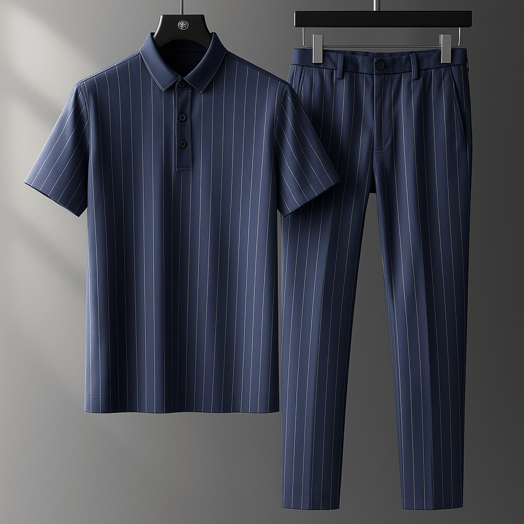 Herren Maßgeschneidertes Polo Set | Eleganter Freizeitanzug für den Sommer [ Herrenkollektion - Leinensets - Poloshirts ] 296 - Herren Maßgeschneidertes Polo Set Gratti Offiziell Blau S 