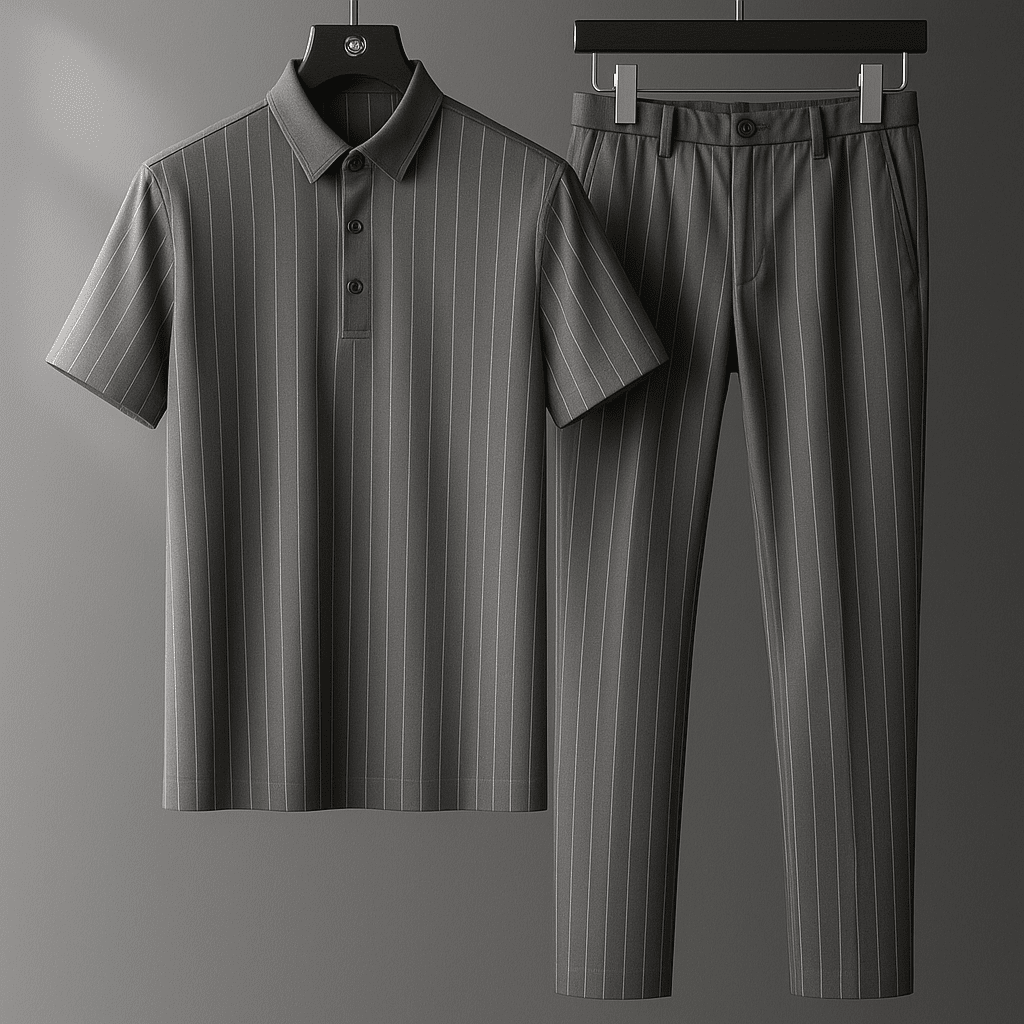 Herren Maßgeschneidertes Polo Set | Eleganter Freizeitanzug für den Sommer [ Herrenkollektion - Leinensets - Poloshirts ] 296 - Herren Maßgeschneidertes Polo Set Gratti Offiziell Grau S 