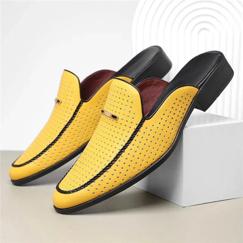 Herren Mules Echtleder | Lässige Slipper perforiert gelb [ Herrenkollektion - Schuhe - Elegante Schuhe ] 248 - Herren Mules Echtleder Gratti Offiziell 
