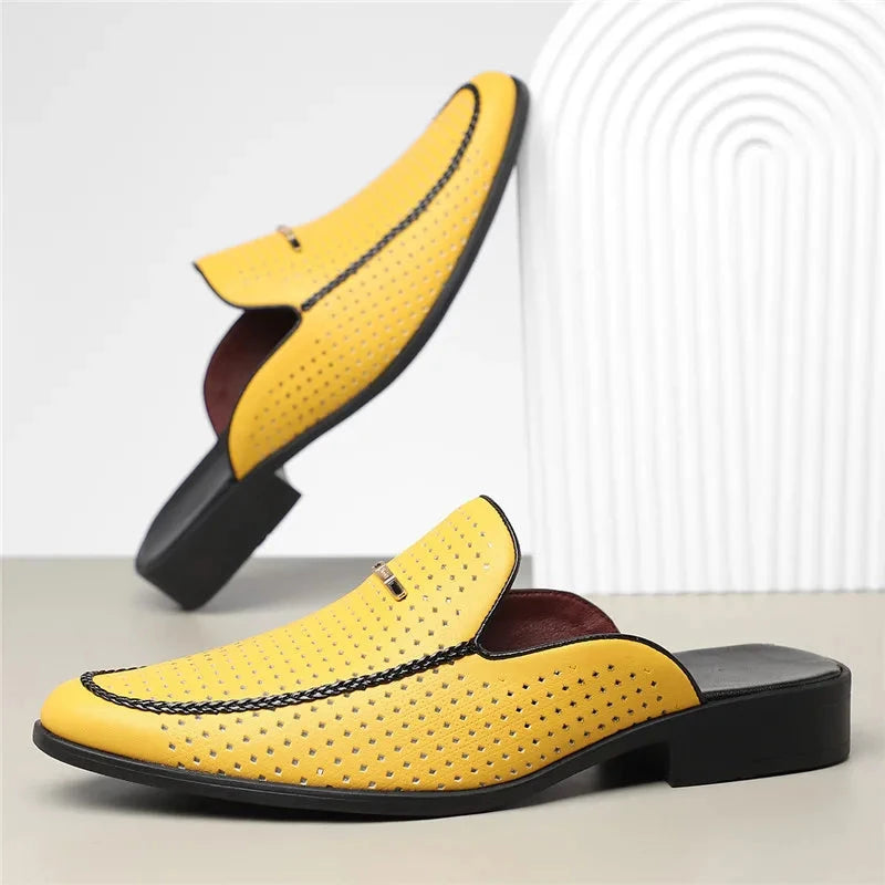 Herren Mules Echtleder | Lässige Slipper perforiert gelb [ Herrenkollektion - Schuhe - Elegante Schuhe ] 248 - Herren Mules Echtleder Gratti Offiziell 