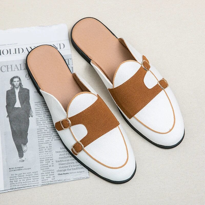 Herren Mules Echtleder | Weiße Slipper mit Schnallen und Wildleder [ Herrenkollektion - Schuhe - Elegante Schuhe ] 249 - Herren Mules Echtleder Gratti Offiziell Weiß 8 