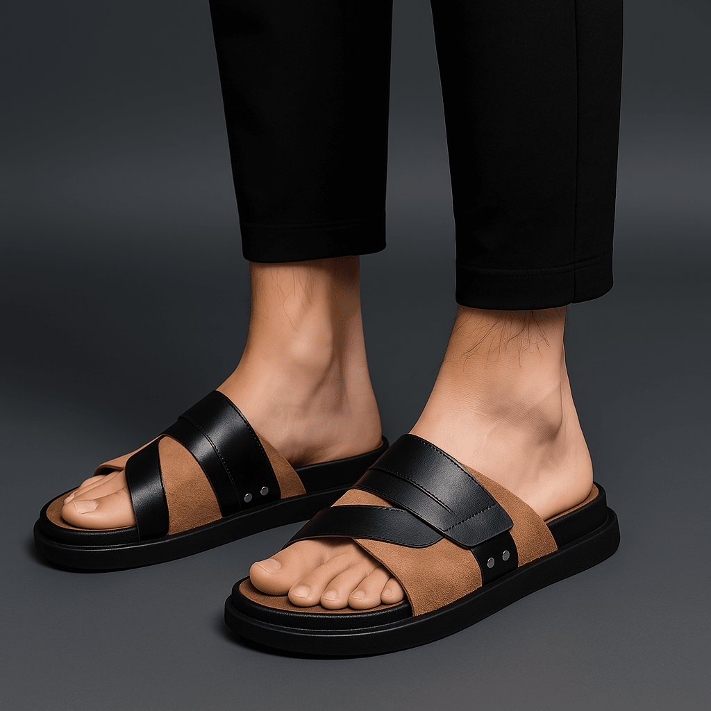 Herren Pantoletten mit Doppelriemen | Robuste Sandalen mit Fußbett schwarz [ Herrenkollektion - Schuhe - Sandalen ] 262 - Herren Pantoletten mit Doppelriemen Gratti Offiziell 