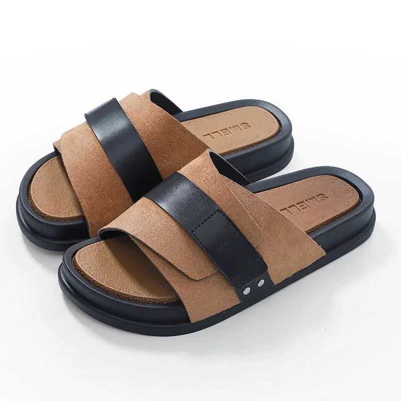Herren Pantoletten mit Doppelriemen | Robuste Sandalen mit Fußbett schwarz [ Herrenkollektion - Schuhe - Sandalen ] 262 - Herren Pantoletten mit Doppelriemen Gratti Offiziell Braun 5.5 