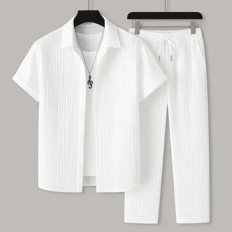 Herren Plisse Set Weiß | Lässiges Hemd und Hose im Falten-Design [ Herrenkollektion - Leinensets - Frühling & Sommer '25 ] 190 - Herren Plisse Set Weiß Gratti Berlin Weiß S 