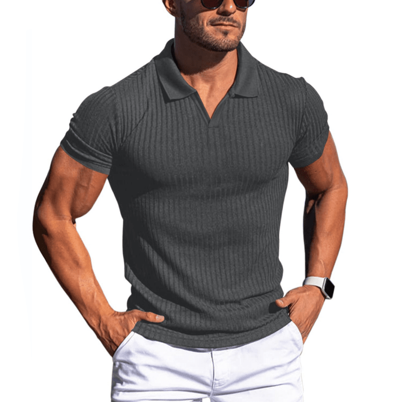 Herren Poloshirt gerippt | Slim Fit V-Ausschnitt Freizeitshirt grau [ Herrenkollektion - Poloshirts - Frühling & Sommer '25 ] 113 - Herren Poloshirt gerippt Gratti Paris Dunkelgrau S 