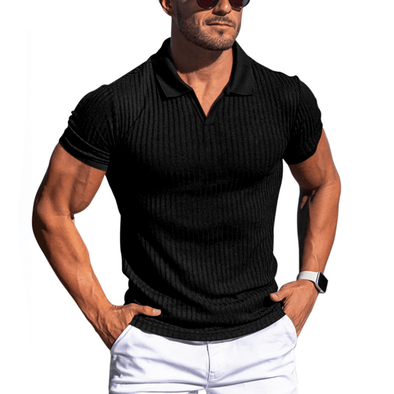 Herren Poloshirt gerippt | Slim Fit V-Ausschnitt Freizeitshirt grau [ Herrenkollektion - Poloshirts - Frühling & Sommer '25 ] 113 - Herren Poloshirt gerippt Gratti Paris Schwarz S 
