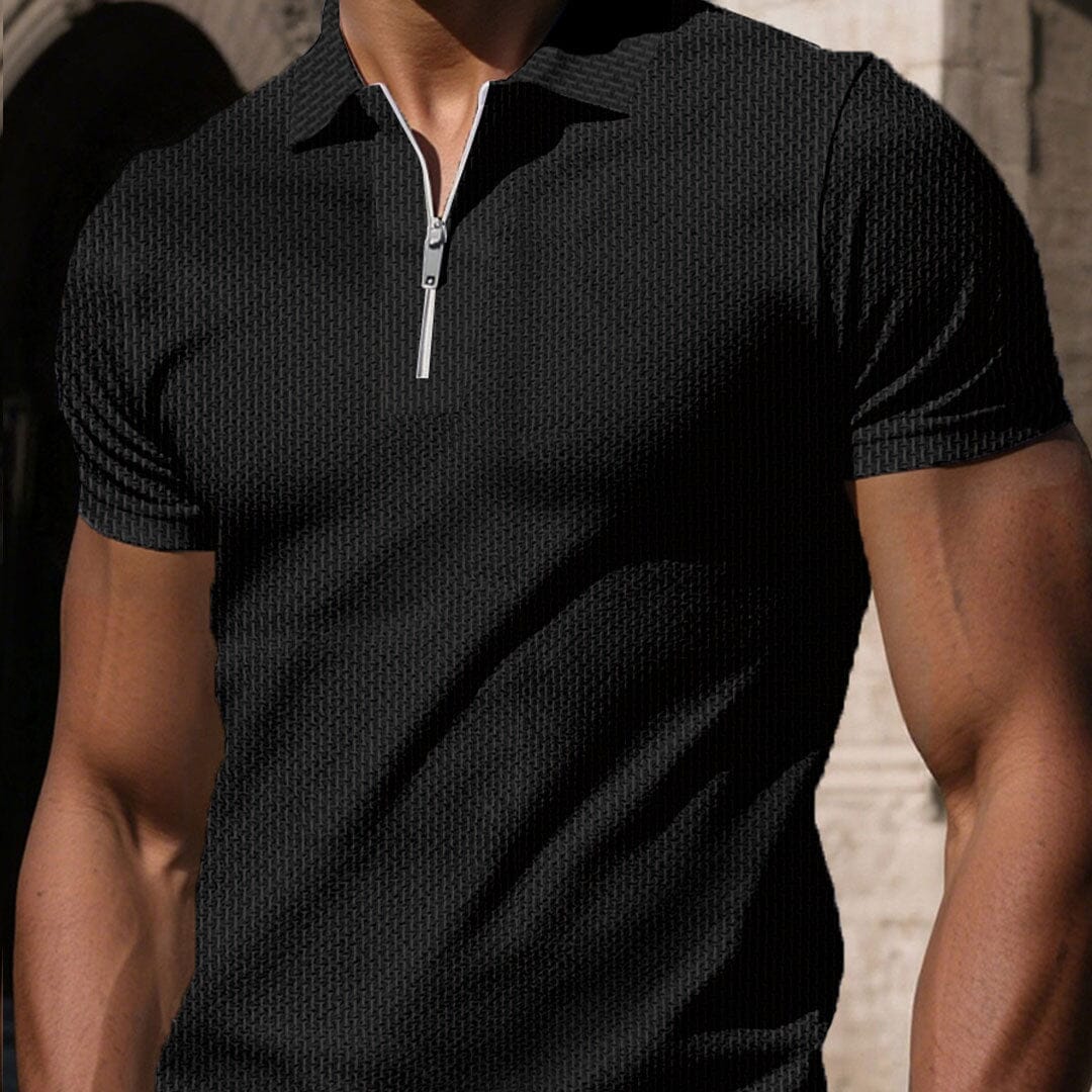 Herren Poloshirt mit Reißverschluss | Slim Fit Poloshirt Waffelstruktur schwarz [ Herrenkollektion - Poloshirts - Frühling & Sommer '25 ] 54 - Herren Poloshirt mit Reißverschluss Gratti Paris 