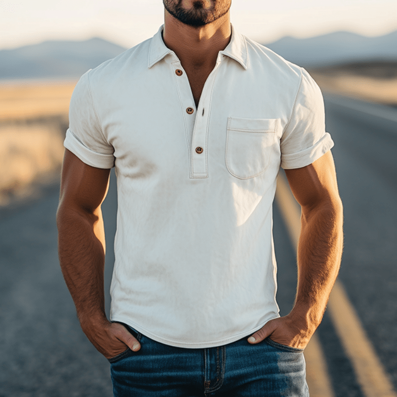 Herren Poloshirt Retro Western-Stil | Kurzarm Hemd mit Brusttasche beige [ Herrenkollektion - Poloshirts - Frühling & Sommer '25 ] 125 - Herren Poloshirt Retro Western-Stil Gratti Paris 