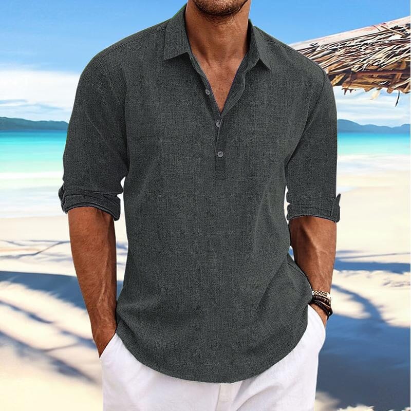 Herren Pullover Hemd Baumwoll-Leinen | Lässiges Sommerhemd grau [ Herrenkollektion - Leinenhemden - Langarmhemden ] 98 - Herren Pullover Hemd Baumwoll-Leinen Gratti Paris 