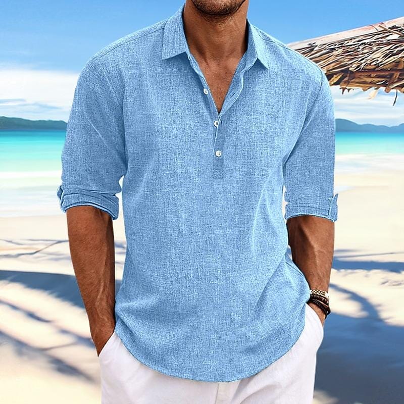 Herren Pullover Hemd Baumwoll-Leinen | Lässiges Sommerhemd grau [ Herrenkollektion - Leinenhemden - Langarmhemden ] 98 - Herren Pullover Hemd Baumwoll-Leinen Gratti Paris Blau M 