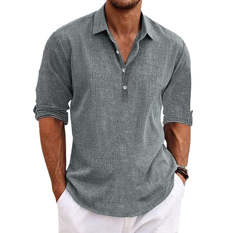 Herren Pullover Hemd Baumwoll-Leinen | Lässiges Sommerhemd grau [ Herrenkollektion - Leinenhemden - Langarmhemden ] 98 - Herren Pullover Hemd Baumwoll-Leinen Gratti Paris Grau M 