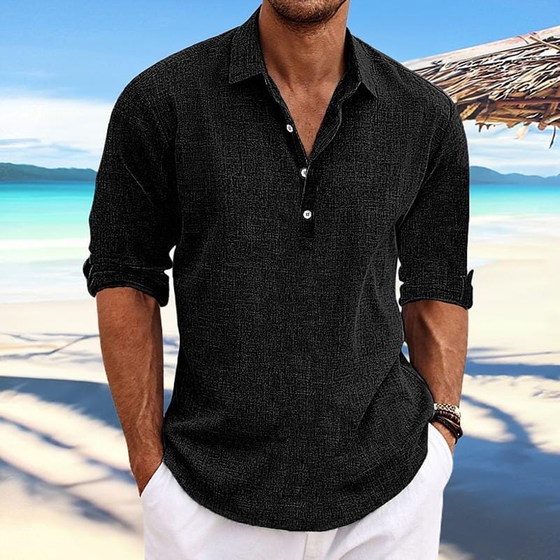 Herren Pullover Hemd Baumwoll-Leinen | Lässiges Sommerhemd grau [ Herrenkollektion - Leinenhemden - Langarmhemden ] 98 - Herren Pullover Hemd Baumwoll-Leinen Gratti Paris Schwarz M 
