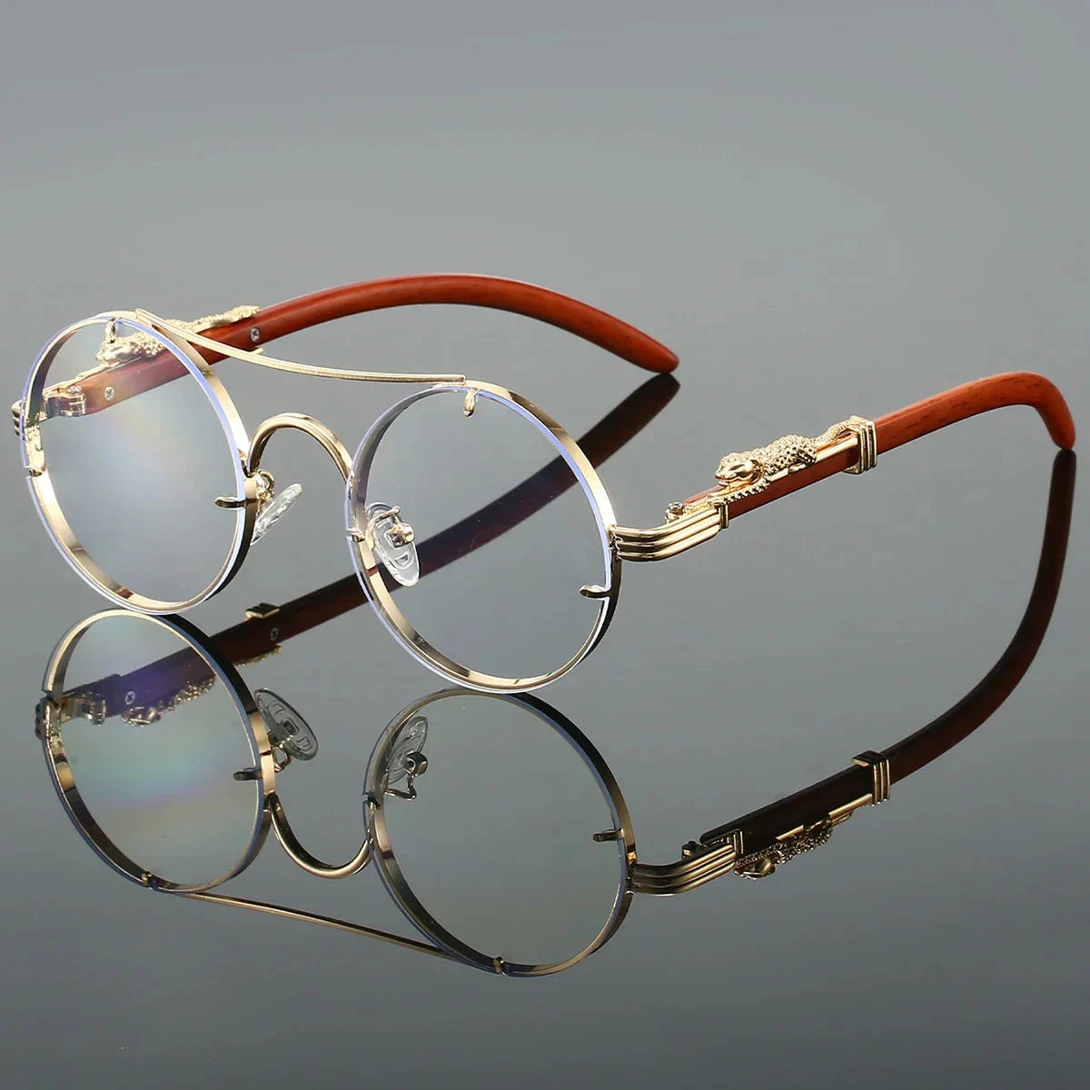 Herren Runde Sonnenbrille Vintage | Retro Holzbrille mit Doppelsteg gold [ Herrenkollektion - Sonnenbrille - Freizeitbrille ] 237 - Herren Runde Sonnenbrille Vintage Gratti Offiziell Klar 