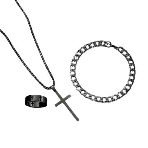 Herren Schmuck Set Kreuz Kette | Edelstahl Kettenarmband und Ring schwarz [ Herrenkollektion - Accessoires - Leinensets ] 178 - Herren Schmuck Set Kreuz Kette Gratti Paris 