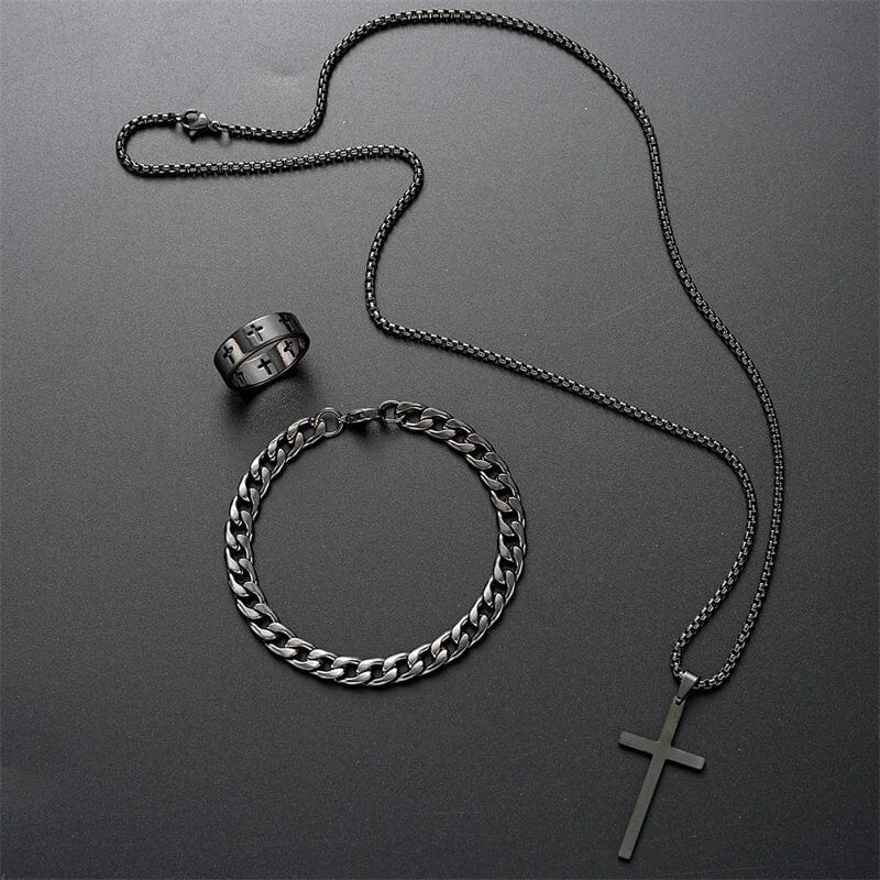 Herren Schmuck Set Kreuz Kette | Edelstahl Kettenarmband und Ring schwarz [ Herrenkollektion - Accessoires - Leinensets ] 178 - Herren Schmuck Set Kreuz Kette Gratti Paris 