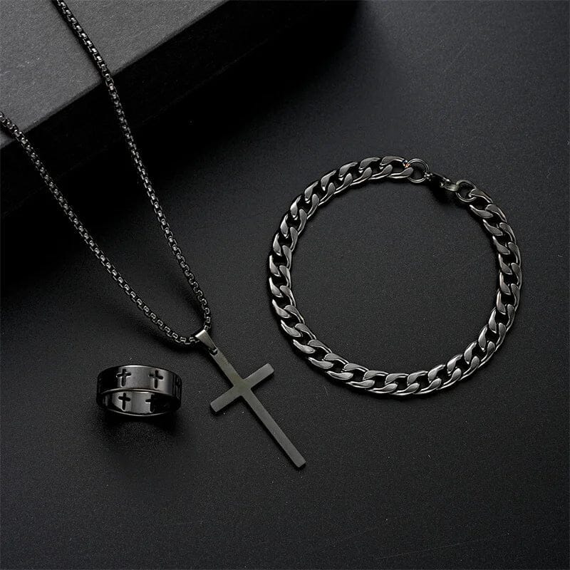 Herren Schmuck Set Kreuz Kette | Edelstahl Kettenarmband und Ring schwarz [ Herrenkollektion - Accessoires - Leinensets ] 178 - Herren Schmuck Set Kreuz Kette Gratti Paris Set 1 