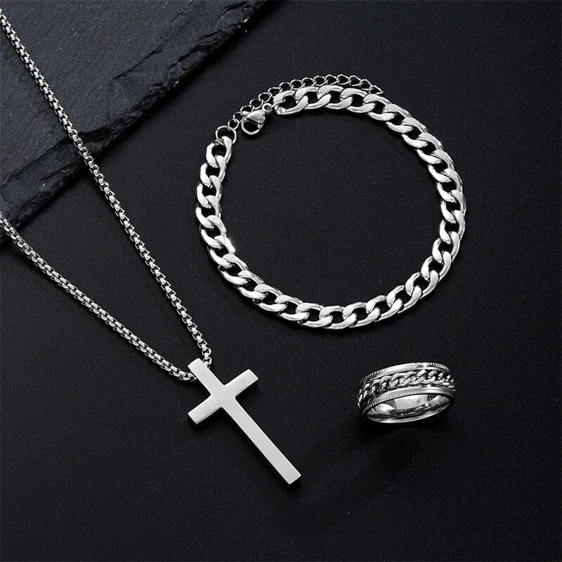 Herren Schmuck Set Kreuz Kette | Edelstahl Kettenarmband und Ring schwarz [ Herrenkollektion - Accessoires - Leinensets ] 178 - Herren Schmuck Set Kreuz Kette Gratti Paris Set 3 