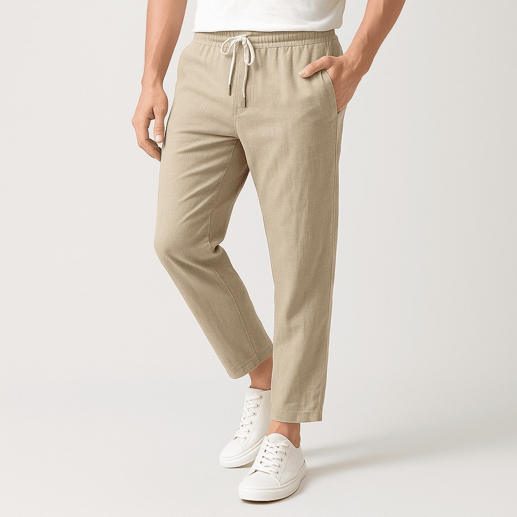 Herren Sommerhose mit Kordelzug | Lässige Chinohose Baumwoll-Leinen hellblau [ Herrenkollektion - Frühling & Sommer '25 - Leinensets ] 168 - Herren Sommerhose mit Kordelzug Gratti Paris Khaki XS 