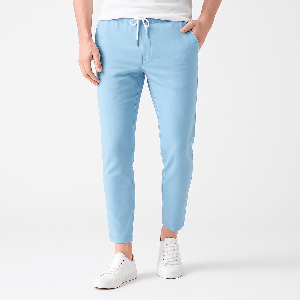 Herren Sommerhose mit Kordelzug | Lässige Chinohose Baumwoll-Leinen hellblau [ Herrenkollektion - Frühling & Sommer '25 - Leinensets ] 168 - Herren Sommerhose mit Kordelzug Gratti Paris Himmelblau XS 