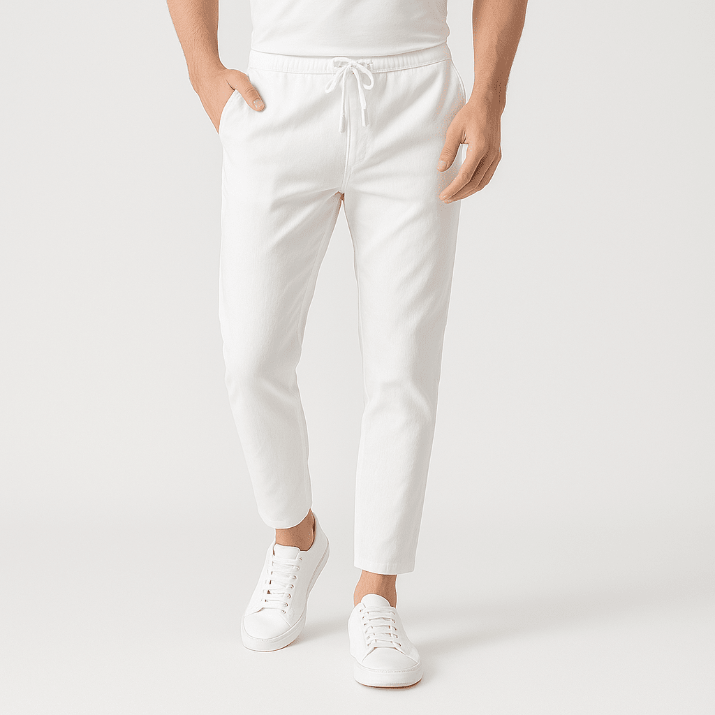 Herren Sommerhose mit Kordelzug | Lässige Chinohose Baumwoll-Leinen hellblau [ Herrenkollektion - Frühling & Sommer '25 - Leinensets ] 168 - Herren Sommerhose mit Kordelzug Gratti Paris Weiß XS 