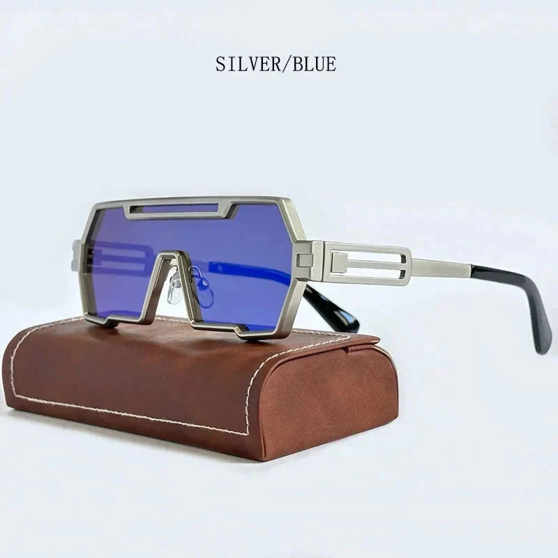 Herren Sonnenbrille futuristisch | Robuste Metallbrille im Techwear-Stil [ Herrenkollektion - Sonnenbrille - Freizeitbrille ] 219 - Herren Sonnenbrille futuristisch Gratti Offiziell Silber/Blau 