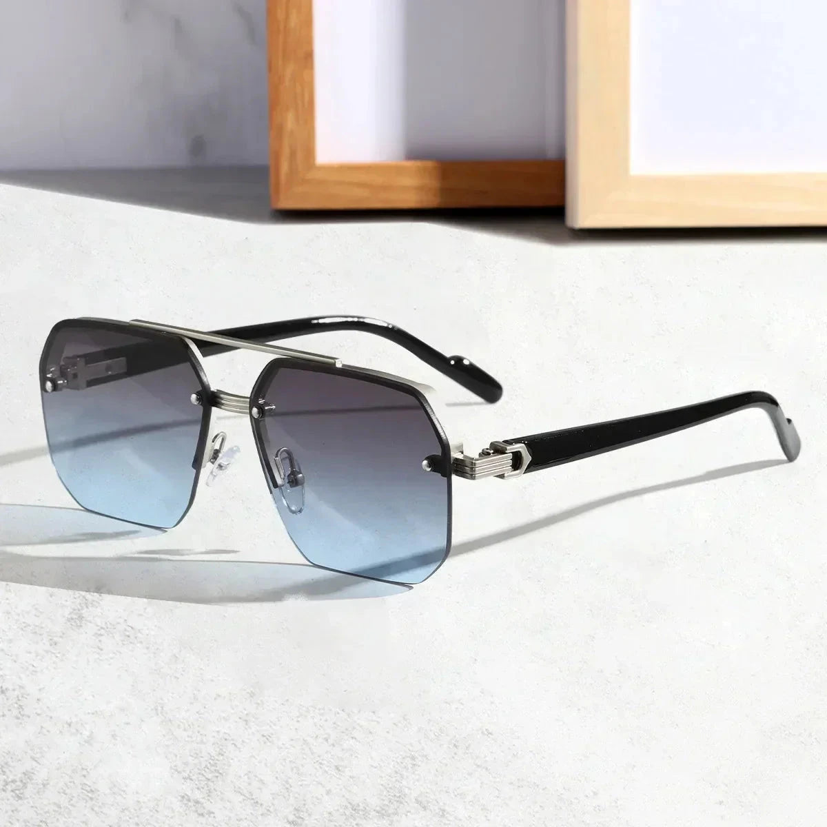 Herren Sonnenbrille polarisiert | Randlose Designer Sonnenbrille Hexagonal [ Herrenkollektion - Brille - Sonnenbrille ] 185 - Herren Sonnenbrille polarisiert Gratti Offiziell Silber Blau 