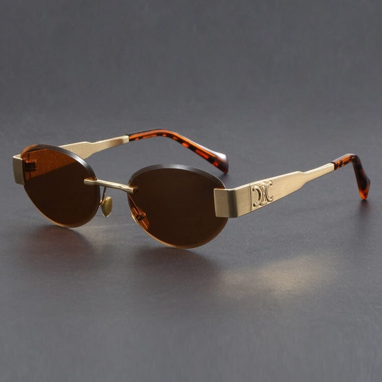 Herren Sonnenbrille Retro Randlos | Ovale Brille Gold mit Schildpatt-Bügeln [ Herrenkollektion - Sonnenbrille - Freizeitbrille ] 244 - Herren Sonnenbrille Retro Randlos Gratti Offiziell Bernstein Gold 