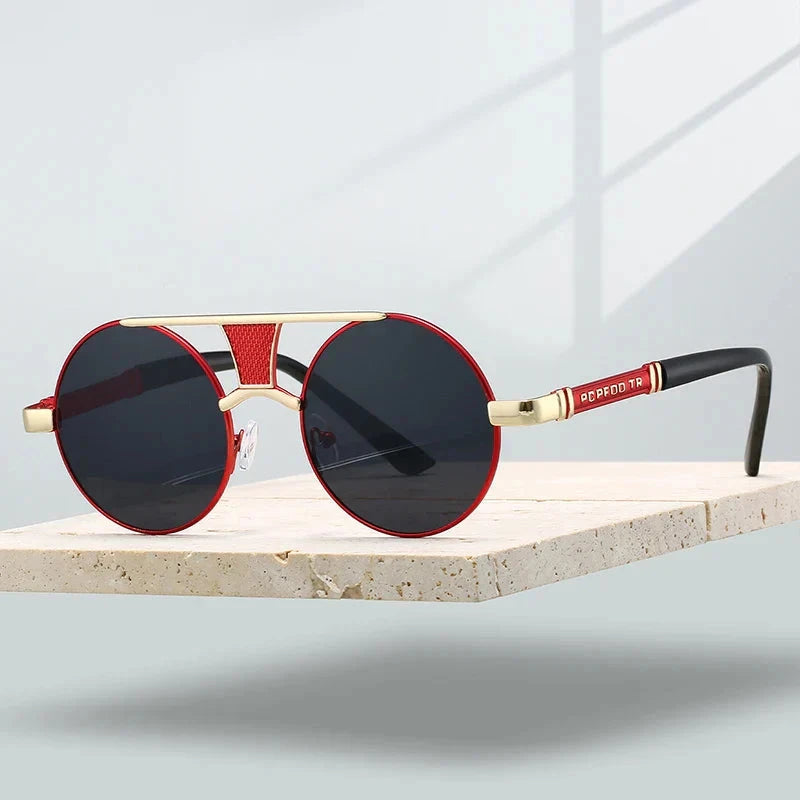 Herren Sonnenbrille Steampunk | Runde Vintage Brille mit Metallrahmen rot [ Herrenkollektion - Sonnenbrille - Freizeitbrille ] 226 - Herren Sonnenbrille Steampunk Gratti Offiziell Rot-Schwarz 