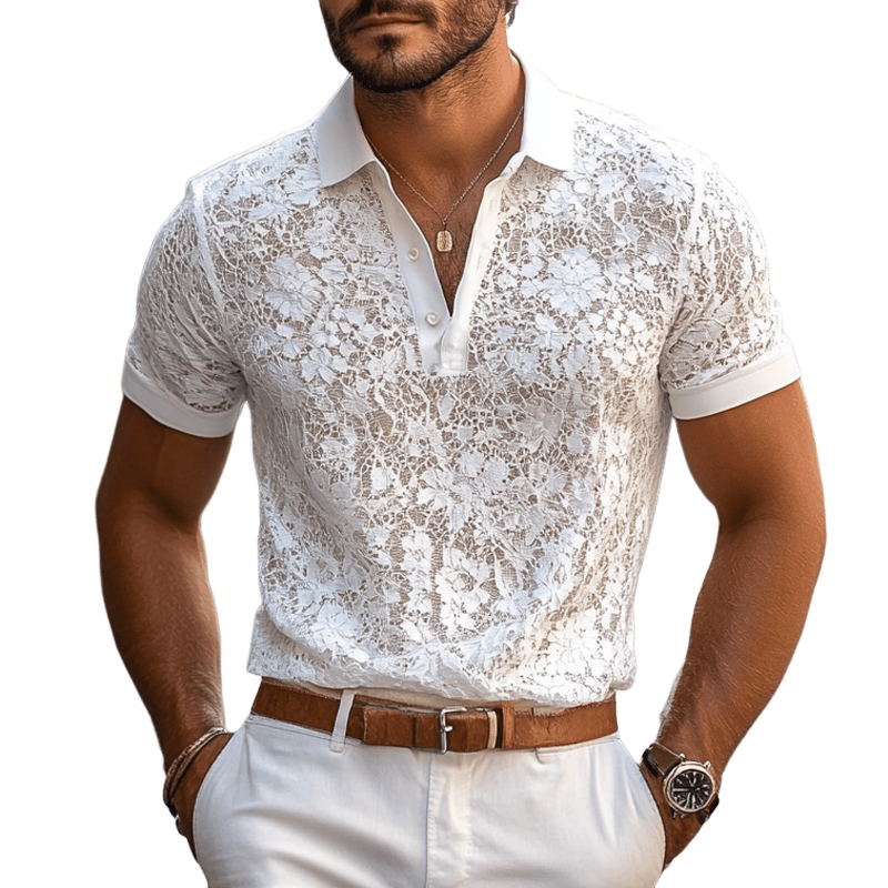 Herren Spitzenhemd kurzarm Slim Fit | Lace Hemd mit Polokragen weiß [ Herrenkollektion - Poloshirts - Frühling & Sommer '25 ] 133 - Herren Spitzenhemd kurzarm Slim Fit Gratti Paris 