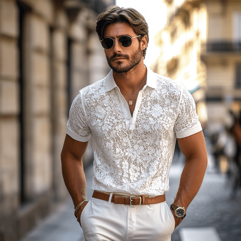 Herren Spitzenhemd kurzarm Slim Fit | Lace Hemd mit Polokragen weiß [ Herrenkollektion - Poloshirts - Frühling & Sommer '25 ] 133 - Herren Spitzenhemd kurzarm Slim Fit Gratti Paris 