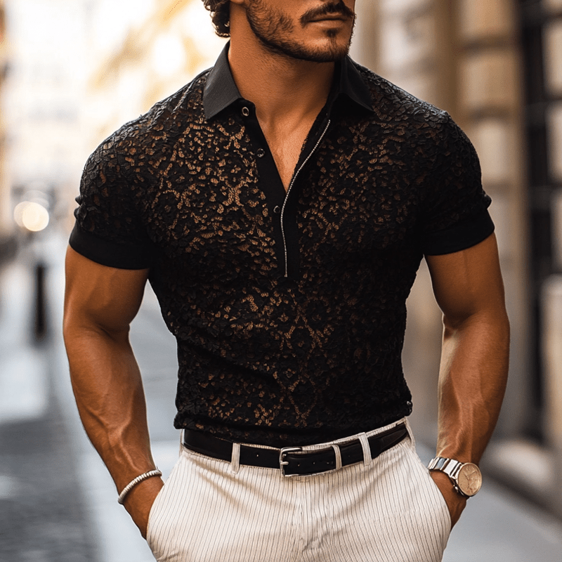 Herren Spitzenhemd kurzarm Slim Fit | Lace Hemd mit Reverskragen schwarz [ Herrenkollektion - Poloshirts - Frühling & Sommer '25 ] 130 - Herren Spitzenhemd kurzarm Slim Fit Gratti Paris Schwarz S 