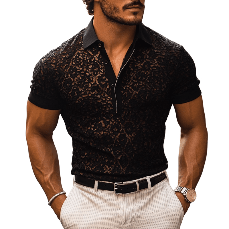 Herren Spitzenhemd kurzarm Slim Fit | Lace Hemd mit Reverskragen schwarz [ Herrenkollektion - Poloshirts - Frühling & Sommer '25 ] 130 - Herren Spitzenhemd kurzarm Slim Fit Gratti Paris 