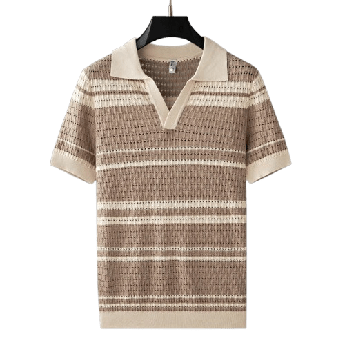 Herren Strick Poloshirt gestreift | Lässiges Sommer Polohemd V-Ausschnitt [ Herrenkollektion - Poloshirts - Frühling & Sommer '25 ] 49 - Herren Strick Poloshirt gestreift Gratti Paris 