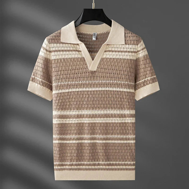 Herren Strick Poloshirt gestreift | Lässiges Sommer Polohemd V-Ausschnitt [ Herrenkollektion - Poloshirts - Frühling & Sommer '25 ] 49 - Herren Strick Poloshirt gestreift Gratti Paris Beige S 
