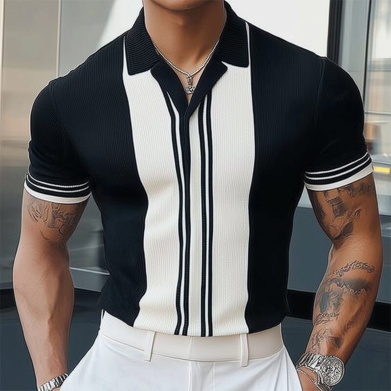 Herren Strick Poloshirt gestreift | Slim Fit Sommer Polohemd schwarz-weiß [ Herrenkollektion - Poloshirts - Frühling & Sommer '25 ] 118 - Herren Strick Poloshirt gestreift Gratti Paris Schwarz-Weiß S 