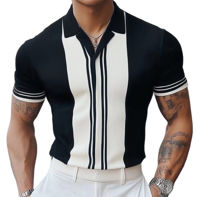 Herren Strick Poloshirt gestreift | Slim Fit Sommer Polohemd schwarz-weiß [ Herrenkollektion - Poloshirts - Frühling & Sommer '25 ] 118 - Herren Strick Poloshirt gestreift Gratti Paris 