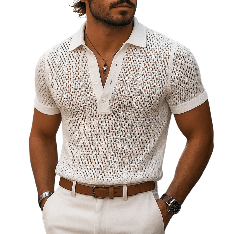 Herren Strick Poloshirt mit Lochmuster | Luftiges Sommerhemd Ecru [ Herrenkollektion - Poloshirts - Frühling & Sommer '25 ] 128 - Herren Strick Poloshirt mit Lochmuster Gratti Paris 