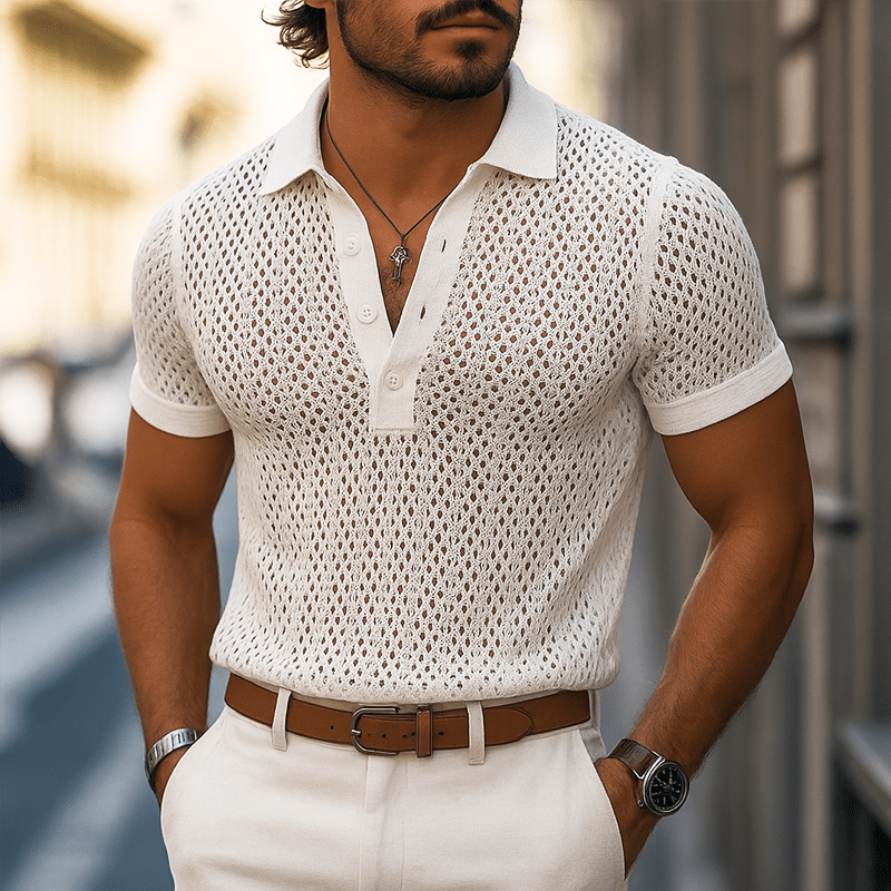 Herren Strick Poloshirt mit Lochmuster | Luftiges Sommerhemd Ecru [ Herrenkollektion - Poloshirts - Frühling & Sommer '25 ] 128 - Herren Strick Poloshirt mit Lochmuster Gratti Paris Weiß S 