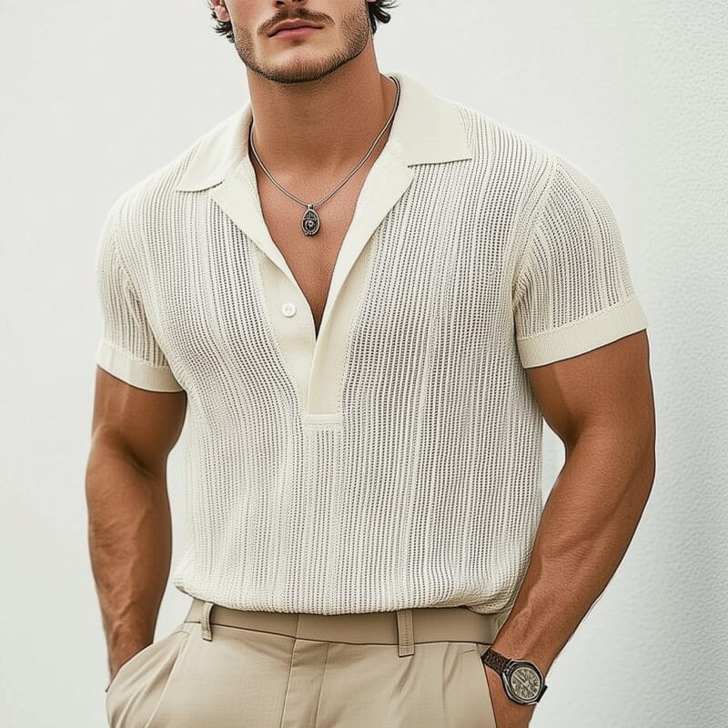 Herren Strick Poloshirt mit V-Ausschnitt | Lässiges Sommerhemd cremeweiß [ Herrenkollektion - Poloshirts - Frühling & Sommer '25 ] 127 - Herren Strick Poloshirt mit V-Ausschnitt Gratti Paris 