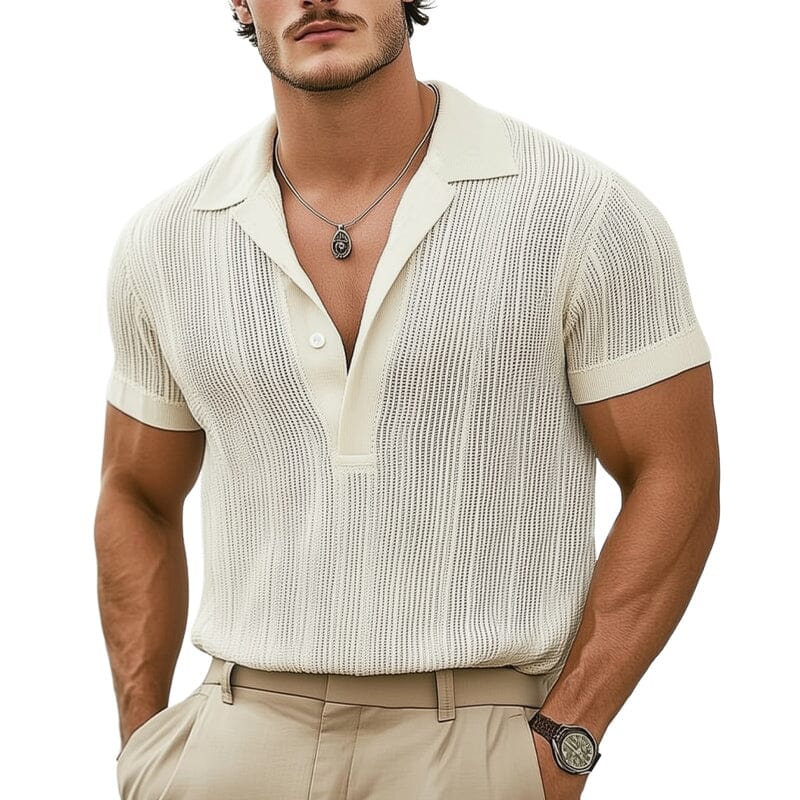 Herren Strick Poloshirt mit V-Ausschnitt | Lässiges Sommerhemd cremeweiß [ Herrenkollektion - Poloshirts - Frühling & Sommer '25 ] 127 - Herren Strick Poloshirt mit V-Ausschnitt Gratti Paris Weiß S 